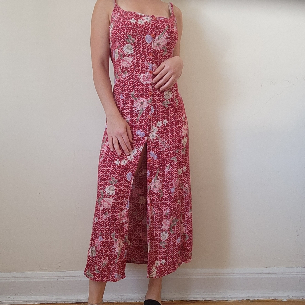 Floral Red Maxi Slip Dress with Front Slit